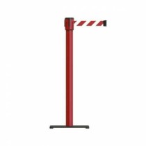 Poteau de guidage rouge avec sangle rétractable de 5m rayée rouge et blanche pour balisage et sécurité.