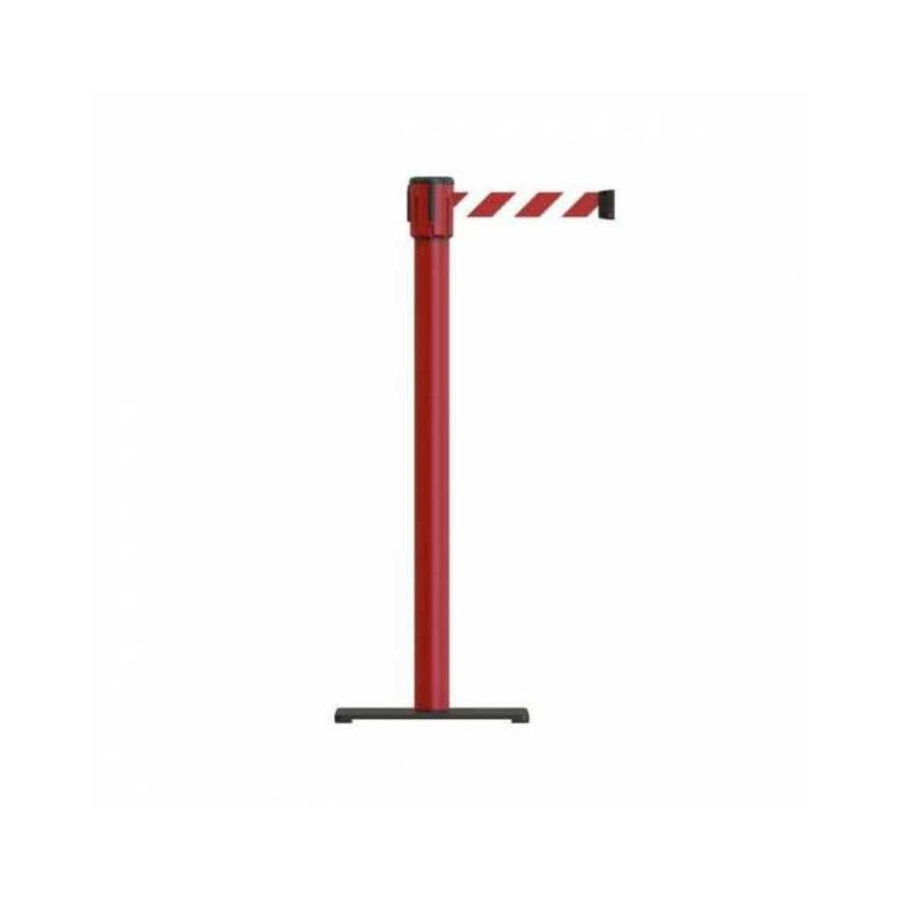 Poteau de guidage rouge avec sangle rétractable de 5m rayée rouge et blanche pour balisage et sécurité.